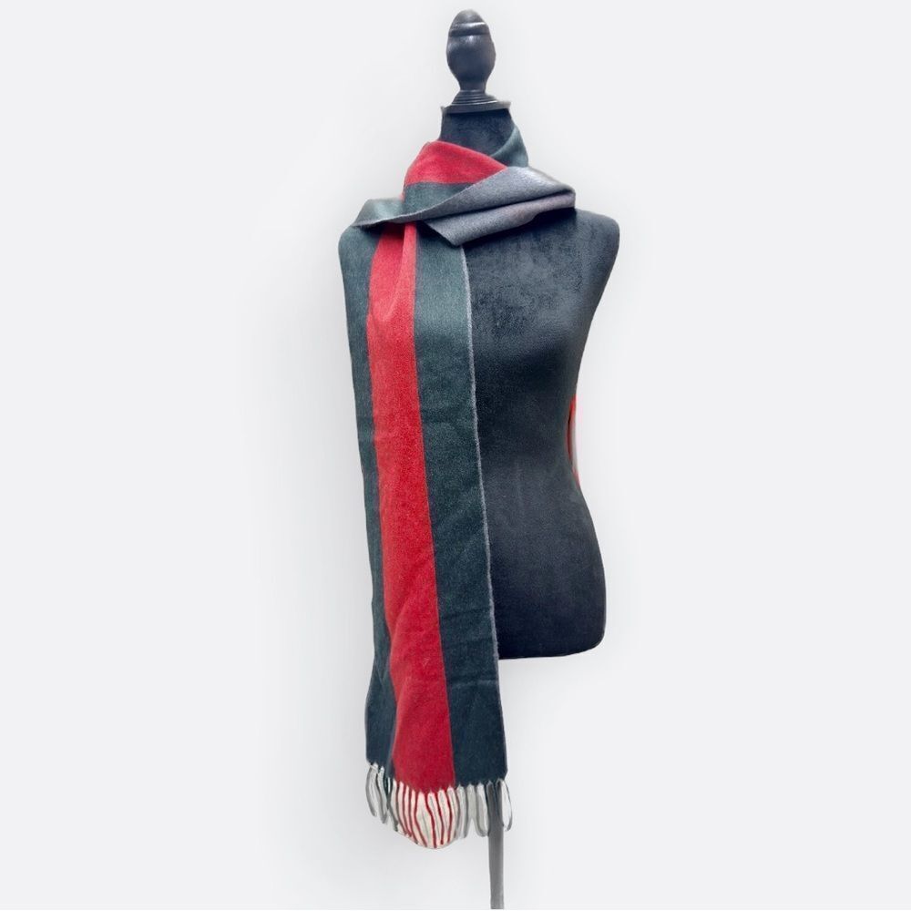Auth Gucci Wool Cashmere Gray Red Striped Scatf Wrap Stole Muffler Ex+